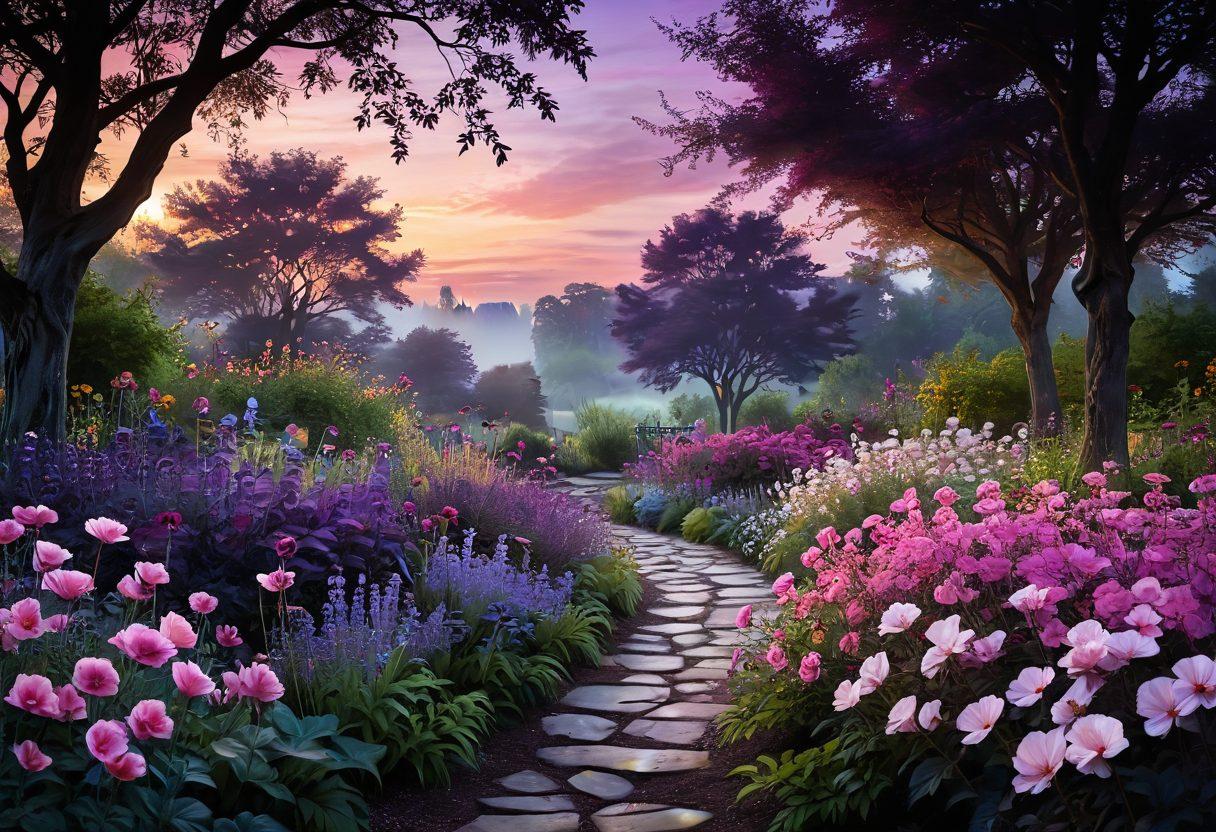 A mystical garden at twilight, filled with lush, vibrant flowers and soft glowing lights illuminating a sensual path. Silhouettes of intimate figures embracing in the background, embodying connection and warmth. The atmosphere exudes a sense of exploration and self-discovery, with delicate petals swirling gently in the breeze. The sky transitions from deep purple to soft pink, creating a dreamy ambiance. painterly style. vibrant colors. ethereal glow.