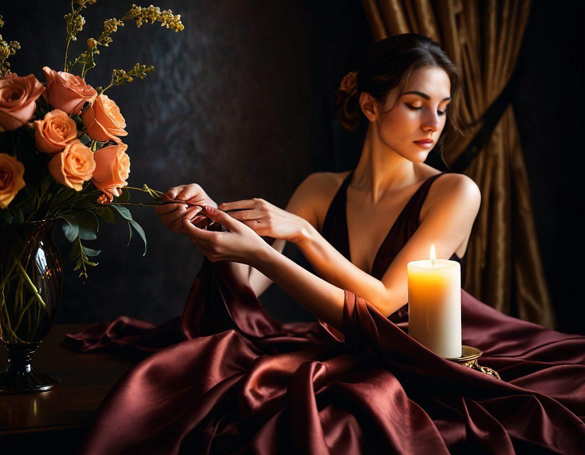 A sultry and inviting scene featuring a dimly lit room adorned with rich, deep colors and luxurious fabrics. In the foreground, a pair of intertwined hands holding a silk blindfold, symbolizing exploration and indulgence. Soft candlelight casts shadows, creating an intimate atmosphere with suggestive shapes. Delicate flowers peek from a nearby vase, adding a touch of romance. The overall mood is mysterious and alluring, beckoning the viewer into a world of sensuality. super-realistic. warm colors. soft focus.