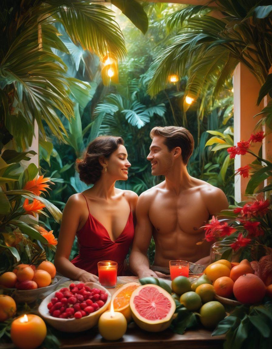 A playful and sensual scene depicting a couple exploring a lush, tropical getaway, surrounded by exotic fruits and vibrant flowers. The couple is engaged in a lighthearted and flirtatious moment, showcasing their chemistry and adventure. Soft candlelight flickers in the background, hinting at an intimate atmosphere. The overall color palette is warm and inviting, with rich reds and deep greens. painterly style. vibrant colors.